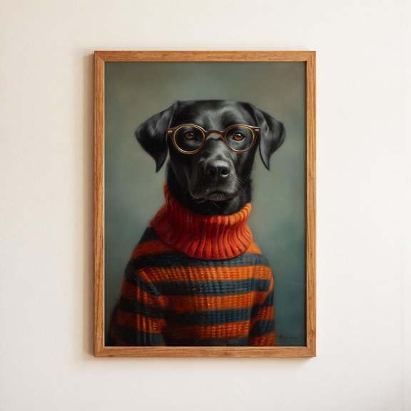 Dog Labrador School Portrait Student With Glasses Sweater Whimsical Pet Art Poster , Poster Print Only
