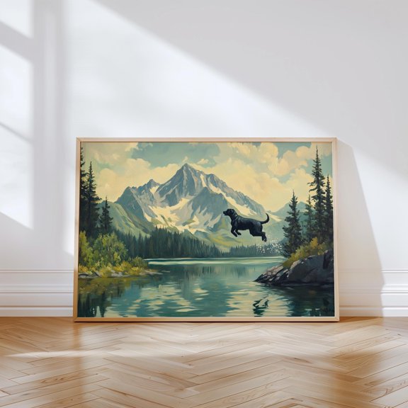 Dog Lake Black Labrador Vintage Oil Farmhouse Lab Mom Matte Animal Wall Art Poster , Poster Print Only