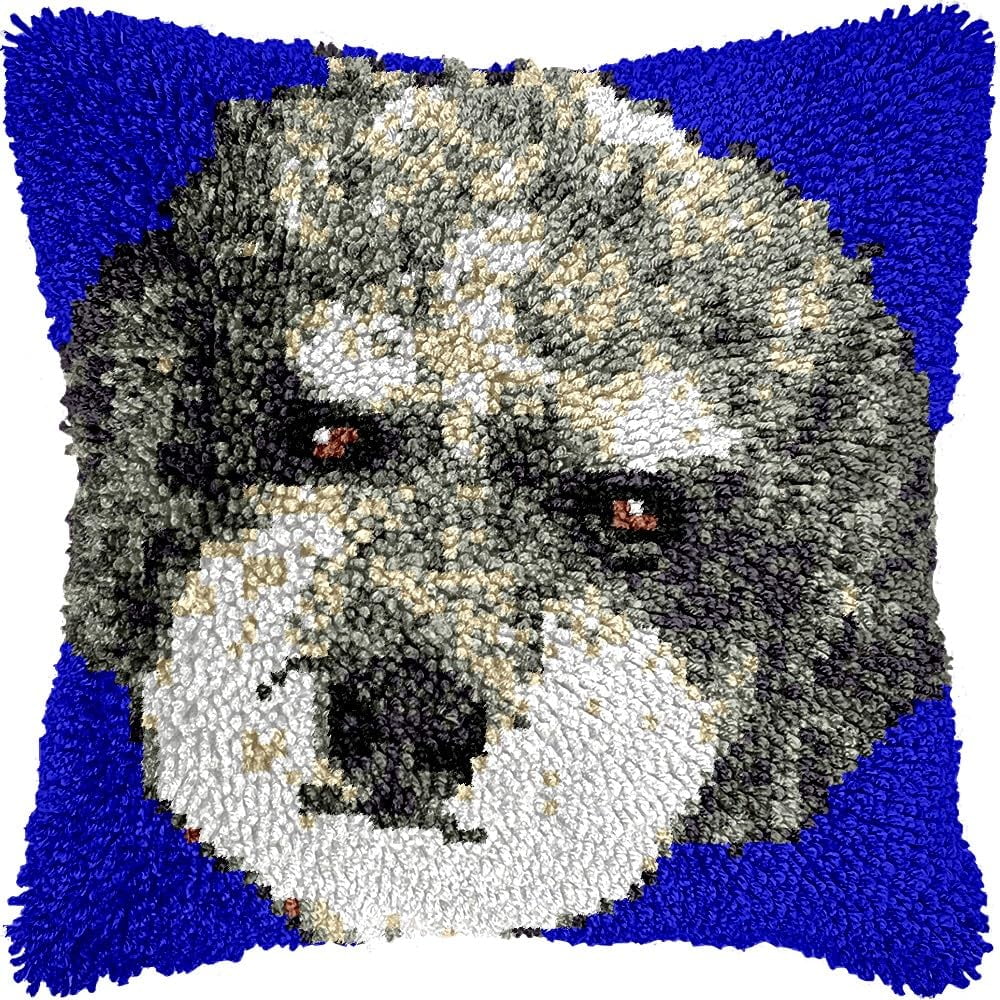 Dog Latch Hook Kits Pillow DIY Pillowcase Crochet Hook Cushion Making Kits with Preprinted Pattern Canvas Instruction Yarns Pillow Cover Easy Starter DIY Crochet Kits 43x43cm（L82)