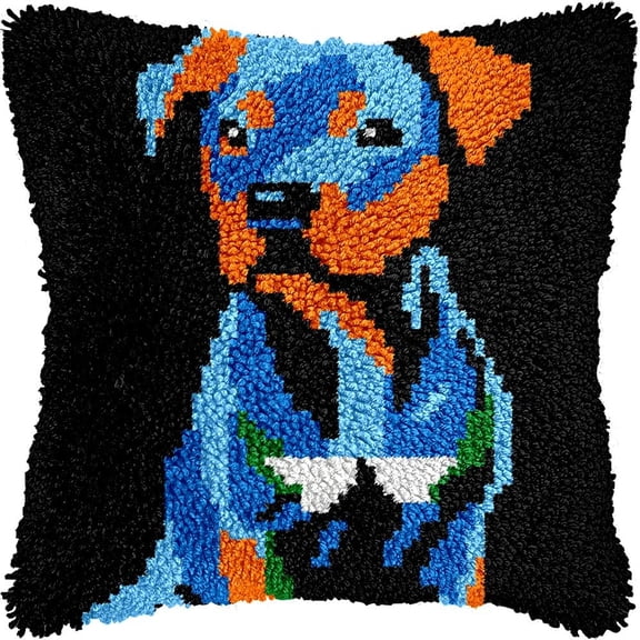 Dog Latch Hook Kits Pillow DIY Rug Crochet Hook Cushion Making Kits with Preprinted Pattern Canvas Instruction Yarns Pillow Cover Easy Starter DIY Crochet Kits 43x43cm de40)