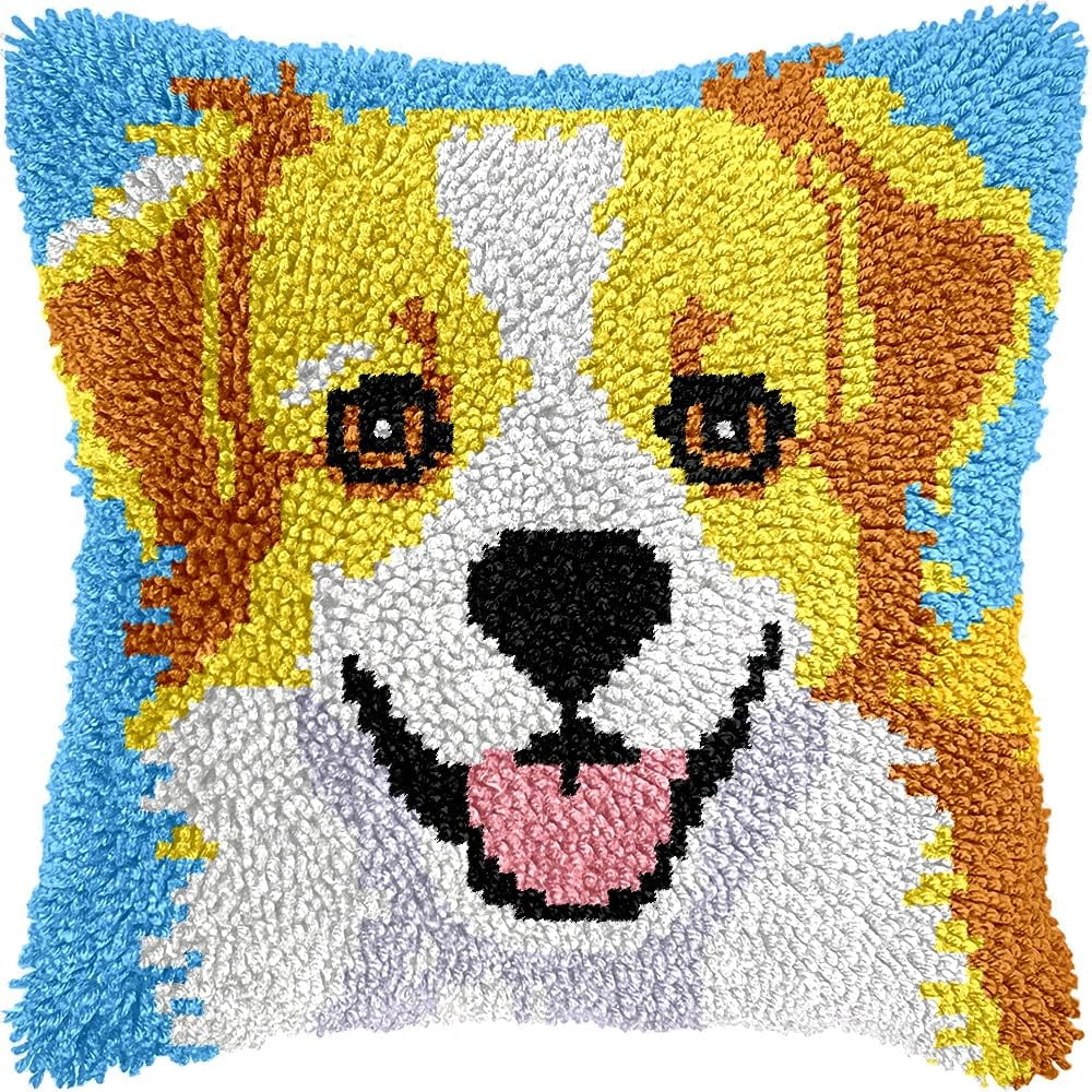 Dog Latch Hook Pillow Cover Kits for DIY Handmade Throw Pillow Cross Stitch Latch Hooking Pillowcase Kits with Preprinted Color Pattern Canvas Crochet Yarn Kits 17''X 17''(7-175)