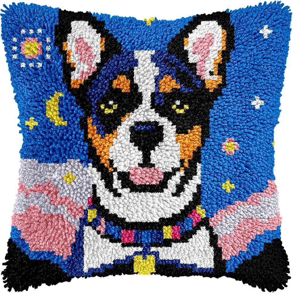 Dog Latch Hook Pillow Cover Kits for DIY Handmade Throw Pillow Cross Stitch Latch Hooking Pillowcase Kits with Preprinted Color Pattern Canvas Crochet Yarn Kits 17''X 17''(8-201)