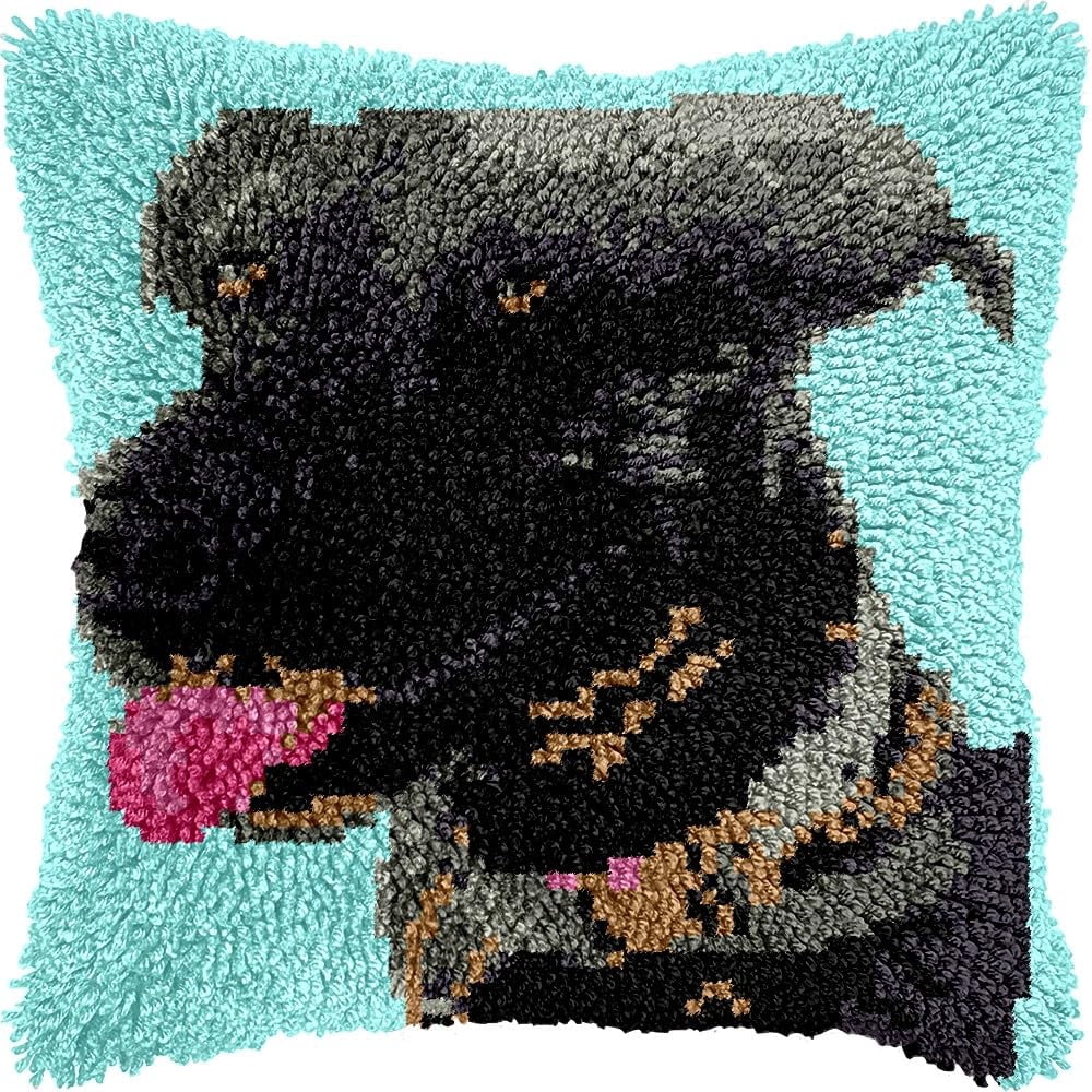 Dog Latch Hook Pillow Kits DIY Pillowcase Cushtion Cover Crochet Hooking Pillow Making Kits with Color Pattern Canvas Crochet Hooking Kits Pillow 43x43cm(b08)
