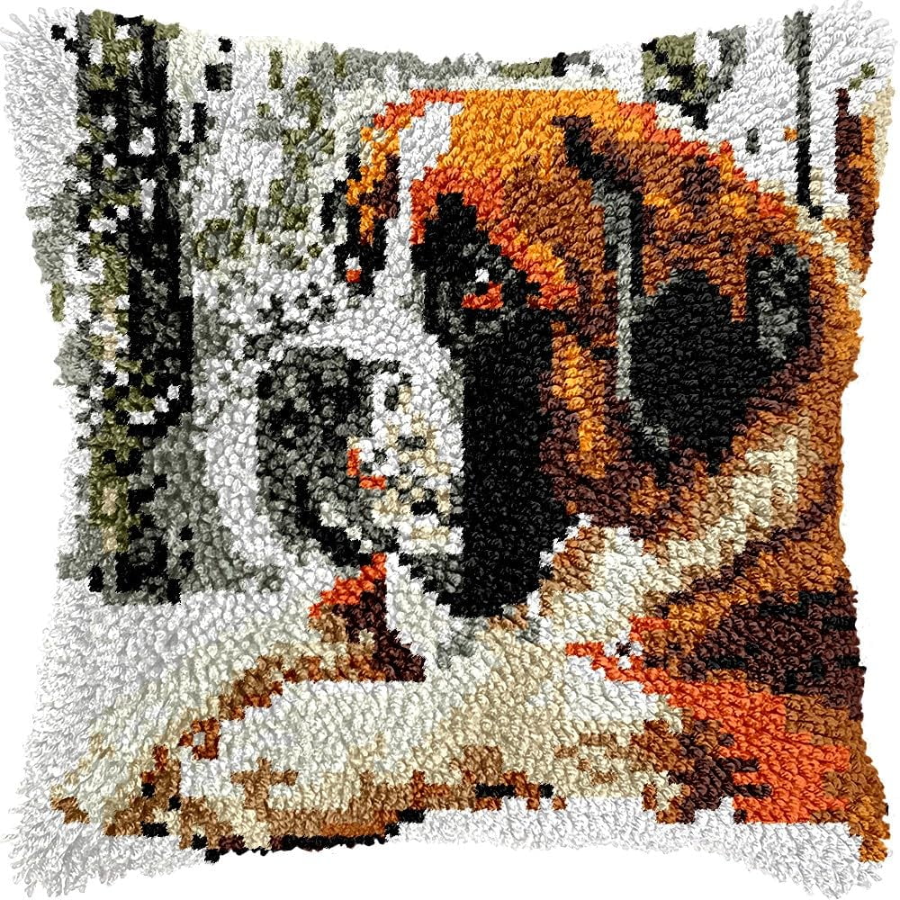 Dog Latch Hook Pillow Kits for DIY Throw Pillow Cushion Embroidery Latch Hooking Pillowcase Kits with Preprinted Canvas Crochet Yarn Kits for Home Decor 17''X 17''(C23)