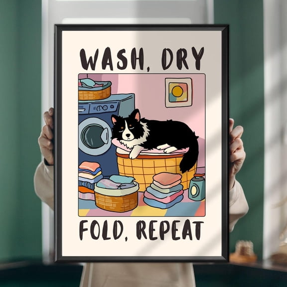 Dog Laundry Room Poster, Wash Dry Fold Repeat, Unframed Paper Poster 8x10in