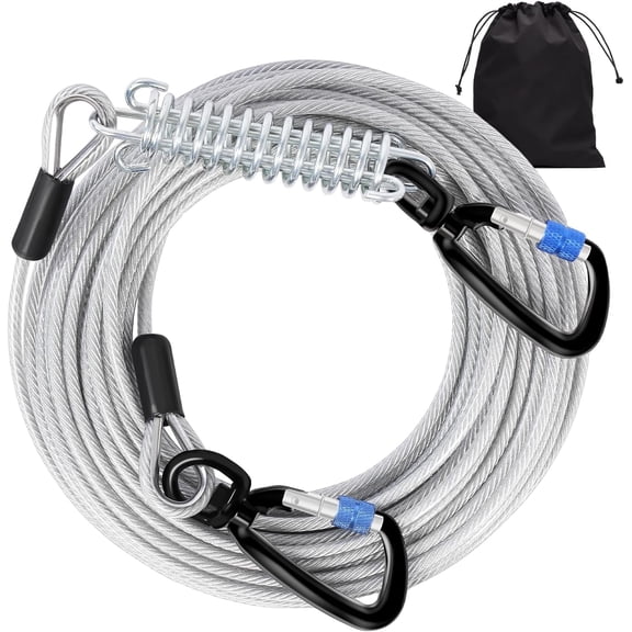 Dog Leads for Yard 50FT-1000LBS Break Strength,Heavy Duty Tie Out Cable for Dogs with Swivel Lockable Hook & Spring,Chew Proof Dog Chain for Outside,Dog Run Cable for Medium Large Dogs Silver,50FT