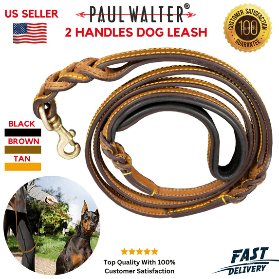 Dog Leash 6FT Leather Braided Comfortable Dog Rope Strong Heavy Duty Dog Training Walking Leash for Large Dog, 2 Handle Leash