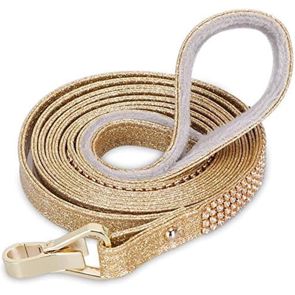 Dog Leash, [Bling Rhinestones] Premium PU Leather Durable and Soft 6 FT Lead for Control Safety Training, Walking Small to Medium Dogs Gold