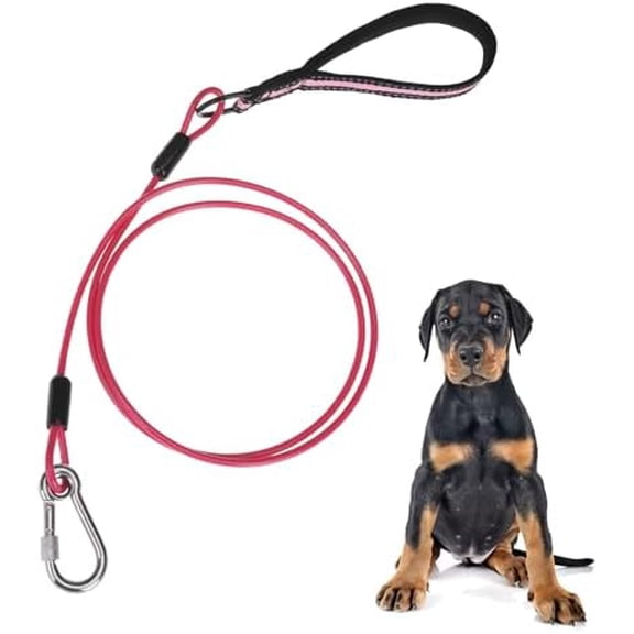 Dog Leash Chew Proof, Soft Reflective Padded Handle Dog Chain Leashes, Waterproof Anti Biting Pets Leashes, Stainless Steel Wire Rope Lead for Small Medium Large Dogs Outdoor, 5FT, Pink