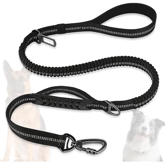 Dog Leash Heavy Duty, 4-6FT Bungee Leash Strong Shock Tactical Tug Leashes, Dog Seat Belt for Car with 2 Padded Handles, Reflective Rope Lead for L X-Large Dogs Walking Running Training (Black)