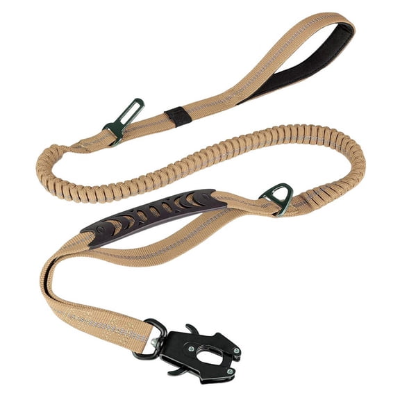Dog Leash Heavy Duty,4-6FT Shock Absorbing Bungee Dog Leash+2 Padded Handle,Metal Carabiner Clip,Car Seat Belt Khaki