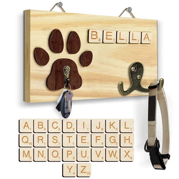 Dog Leash Holder Wall Mount, Pet Harness Hanger with Scrabble Letters, Dog Collar Organizer for Entryway, Cat Leash Key Holder for Wall, Pet Memorial Loss Gifts, Keepsake, Home Decor PF218-N