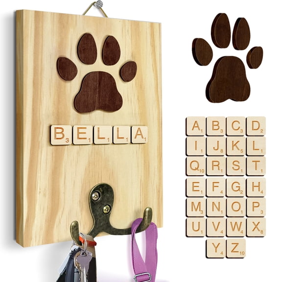 Dog Leash Holder Wall Mount, Pet Harness Hanger with Scrabble Letters, Dog Collar Organizer for Entryway, Memorial Cat Leash Holder for Wall, Pet Loss Gifts, Keepsake, Home Decor PF212-NAT