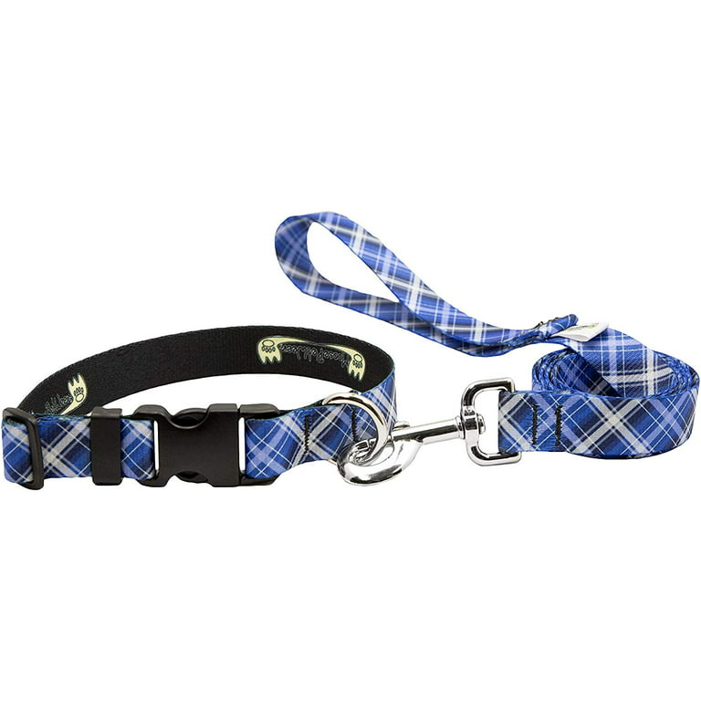 Dog Leash Set - Patterned Dog Collar Set, Matching Dog Collar and Lead, Made in The USA - 3/4 inch Wide Adjusts to 8.5-12.5 Inches, Small, Blue Plaid