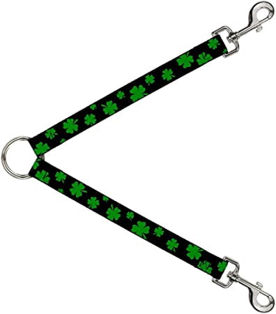 Dog Leash Splitter St Pats Clovers Scattered2 Black Green 1 Foot Long 1 Inch Wide
