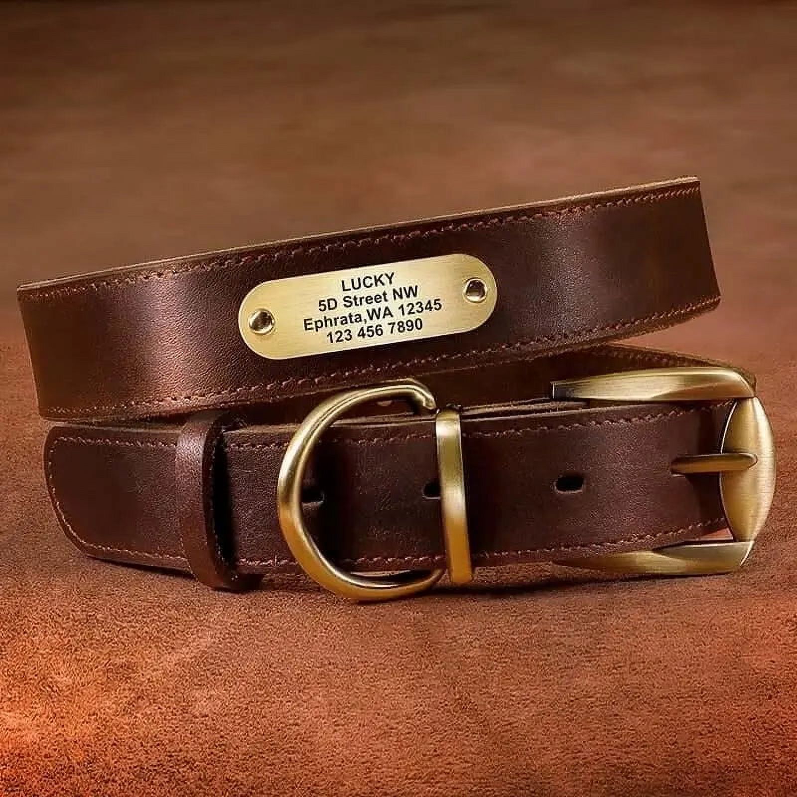 Dog Leather Collar w/ Gold Name Tag Engrave Your Pet's ID