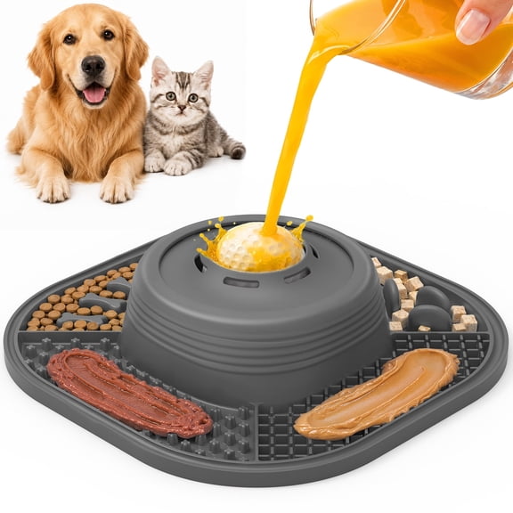 Slow Feeder Dog Bowls & Lick Mat for Liquid and Thick Treat, 1 Cup Pup Dog Lick Bowl Anti-Slip with Rolling Ball, Food Licking Toy for Small Medium Large Dogs and Cats, Grey