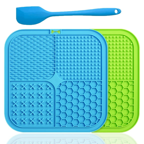 Dog Lick Mat with Blue Spatula, 2Pcs Lick Mat for Dogs with Strong Suction Cups to Slow Feeding and Reduce Boredom Anxiety, Dog Calming Feeder Mat for Bathing and Grooming(Blue+Green-2)