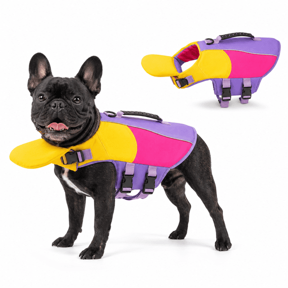Dog Life Jacket with Chin Float, Adjustable Dog Life Vest with Chin Support, Rescue Handle, Leash D-Ring and Quick-Release Buckles for Swimming, Boating and Pool