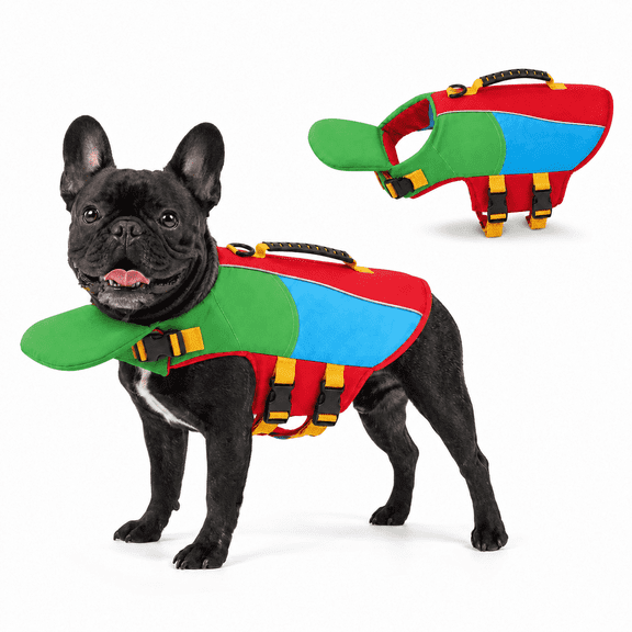 Dog Life Jacket with Chin Float, Adjustable Dog Life Vest with Chin Support, Rescue Handle, Leash D-Ring and Quick-Release Buckles for Swimming, Boating and Pool