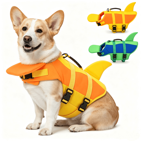 Dog Life Jacket with Chin Float, Adjustable High Buoyancy Cartoon Pet Swim Vest with Rescue Handle, Ripstop Floating Jacket for Small Medium Large Dogs, Ideal for Swimming, Boating and Pool