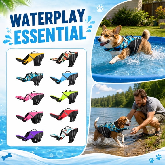 Dog Life Jacket with Chin Float Pet Headrest Floatation Vest Swimsuit with Superior Buoyancy Rescue Handle and Reflective Strips for Small Medium Large Dogs