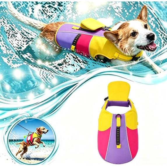 Dog Life Jacket with Chin Float (Purple) | High Buoyancy Dog Swimming Vest with Rescue Handle & Reflective Stripes, Adjustable, Tear Resistant for Small and Large Dogs
