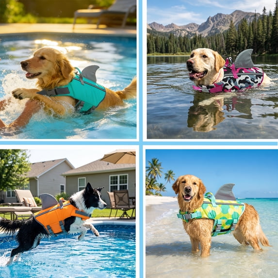 Dog Life Jacket, Dog Shark Life Vest for Swimming with Rescue Handle Adjustable Safety Lifesaver for Small Medium Large Dogs