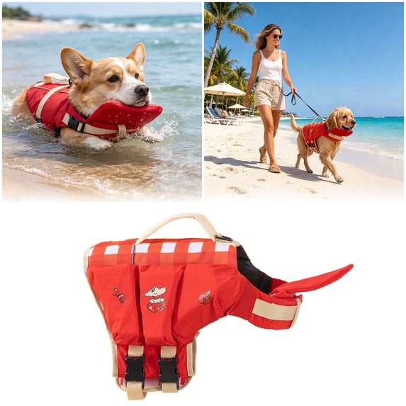 Dog Life Jacket Floatation Vest for Small to Medium Dogs Adjustable Neon Buoyant Safety Vest with Reflective Strips Comfortable Swimming Aid for Pool Beach Lake L