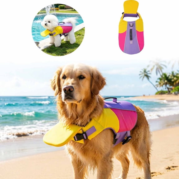 Dog Life Jacket High Flotation Puppy Safety Vest for Swimming Boating, Dog Swim Vest Reflective Water Vest Pet Life Preserver with Rescue Handle
