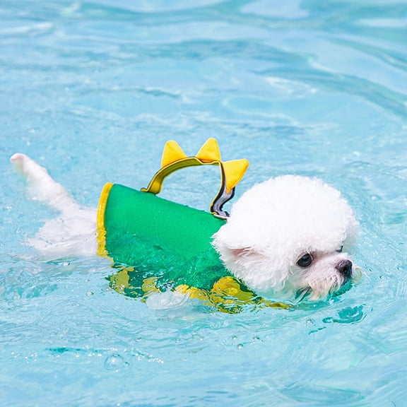 Dog Life Jacket with Reflective Stripes, Adjustable Buoyant Pet Life Vest with Head Support, Dinosaur Pattern Safety Swimsuit for Small Medium Large Dogs(Green,XS)
