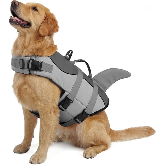 Dog Life Jacket Ripstop Safety Vest, Adjustable Preserver with High Buoyancy & Durable Rescue Handle for Small Medium Large Dogs (Grey Shark, X-Large)