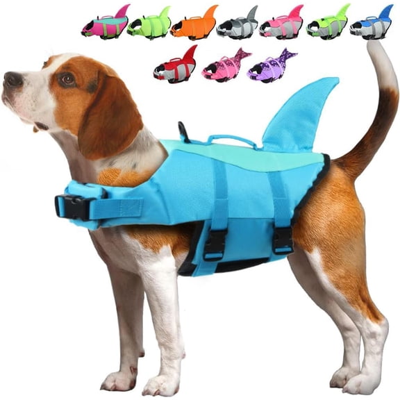 Dog Life Jacket Shark, Dog Life Vests for Small, Middle, Large Dogs with Rescue Handle Pet Flotation Vest Safety Lifesaver for Swimming Pool Beach Boating, (S,Pool Blue)