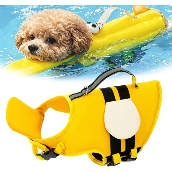 Dog Life Jacket with Head Support, Bee Dog Life Jacket, High Buoyancy Dogs Swimming Vest with Rescue Handle, Adjustable, for Small Large Dogs