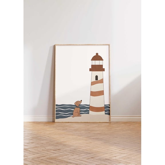 Dog & Lighthouse, Coastal Nursery Wall Art, Nautical Decor, Beachy Baby Room, Wall Art, Baby, Original Home Decor #178, Stretched Canvas Size 16x24