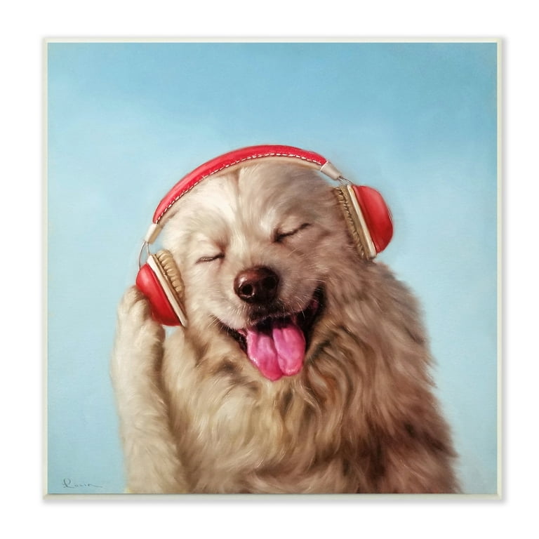 Stupell Home Decor Dog Listening to Music Red Headphones Pet