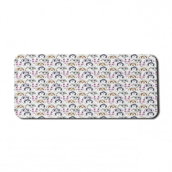 Dog Lover Computer Mouse Pad, Continuous Pattern of Hand Drawn Like Dog Faces with Large Eyes Art, Rectangle Non-Slip Rubber Mousepad X-Large, 35" x 15", White and Multicolor, by Ambesonne