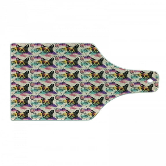 Dog Lover Cutting Board, Colorful Crystals Pattern Triangles Sixties Inspired Psychedelic Boston Terrier, Tempered Glass Cutting and Serving Board, Wine Bottle Shape, Multicolor, by Ambesonne