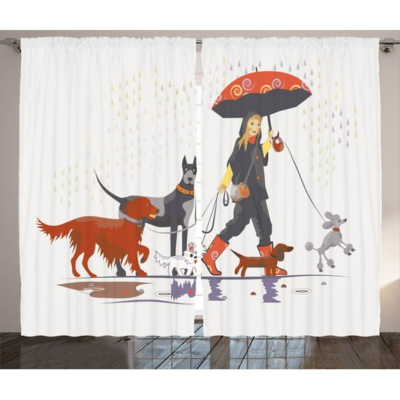 Ambesonne Colorful Curtains 2 Panel Set, Girl with Dogs in Rain, 108" x 84", Multicolor