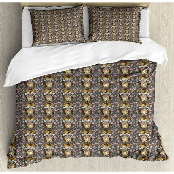 Dog Lover Duvet Cover Set, Doodle Pattern of Puppy with Bone and Hearts, Decorative 3 Piece Bedding Set with 2 Pillow Shams, King Size, Taupe Multicolor, by Ambesonne