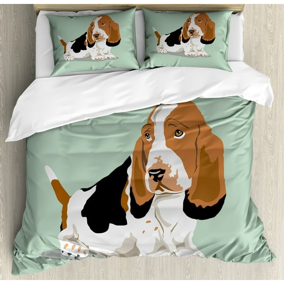 Dog Lover Duvet Cover Set, Long Eared Basset Hound Breed on Short Legs Caricatured Illustration, Decorative 3 Piece Bedding Set with 2 Pillow Shams, Calking Size, Almond Green Multicolor, by Ambesonne