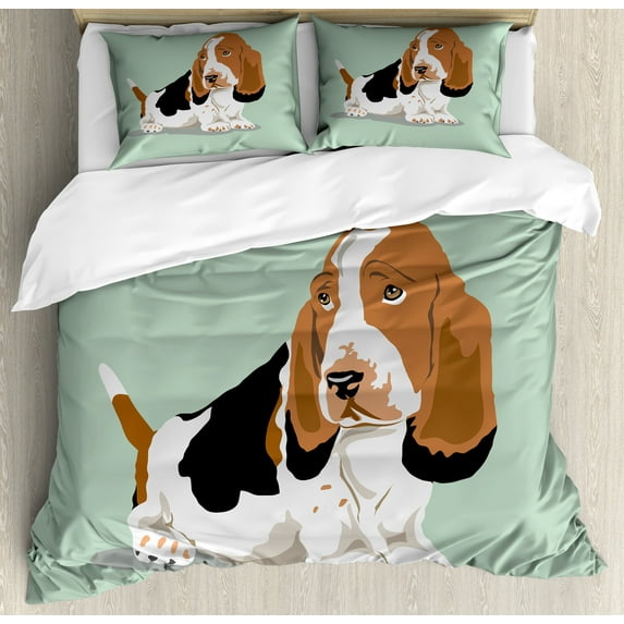 Dog Lover Duvet Cover Set, Long Eared Basset Hound Breed on Short Legs Caricatured Illustration, Decorative 3 Piece Bedding Set with 2 Pillow Shams, Calking Size, Almond Green Multicolor, by Ambesonne