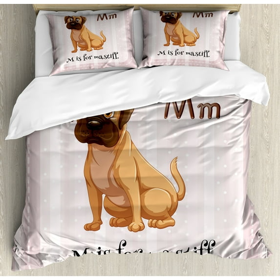 Dog Lover Duvet Cover Set, M Is for Mastiff Typography Illustraiton, Decorative 3 Piece Bedding Set with 2 Pillow Shams, Queen Size, Pale Rose Pale Brown, by Ambesonne
