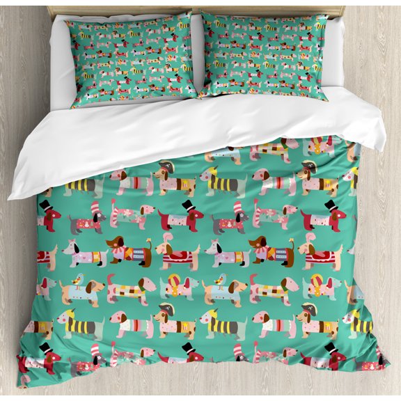 Dog Lover Duvet Cover Set Queen Size, Abstract Puppy Pattern with Human Clothing Fun Dress up Theme Domestic Animals, Decorative 3 Piece Bedding Set with 2 Pillow Shams, Multicolor, by Ambesonne