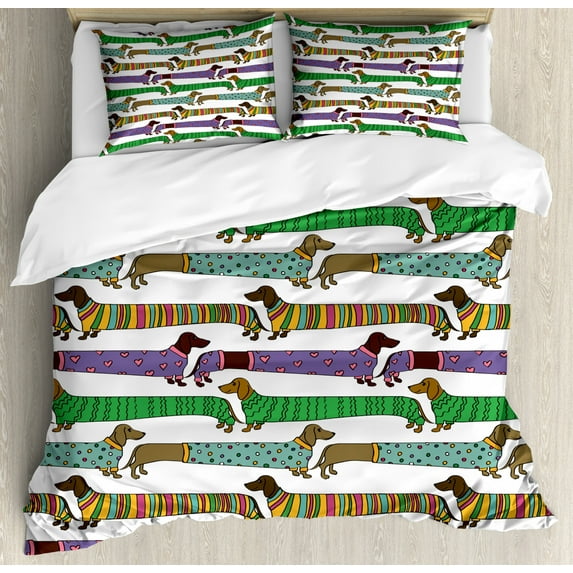 Dog Lover Duvet Cover Set Queen Size, Cartoon Style Dachshunds Dressed in Pyjamas Chevron Lines Polka Dots and Hearts, Decorative 3 Piece Bedding Set with 2 Pillow Shams, Multicolor, by Ambesonne