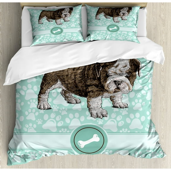 Dog Lover Duvet Cover Set Queen Size, Hand Drawn Detailed Pet Animal with Paw Prints Background and Bone, Decorative 3 Piece Bedding Set with 2 Pillow Shams, Pale Blue Brown and White, by Ambesonne