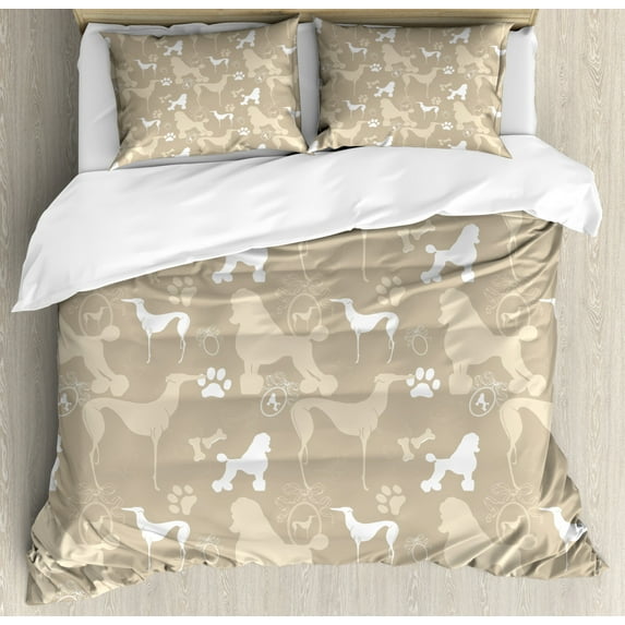 Dog Lover Duvet Cover Set Queen Size, Pet Animals Accessories Leash Paw Print Bone Ornamental Abstract Illustration, Decorative 3 Piece Bedding Set with 2 Pillow Shams, Tan White, by Ambesonne