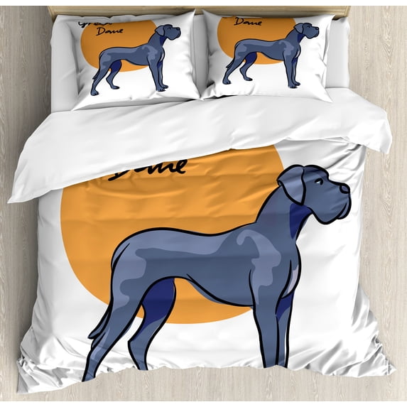 Dog Lover Duvet Cover Set, Side Pose Dog with Written Breed Name Round, Decorative 3 Piece Bedding Set with 2 Pillow Shams, Calking Size, Dark Lavender Orange, by Ambesonne