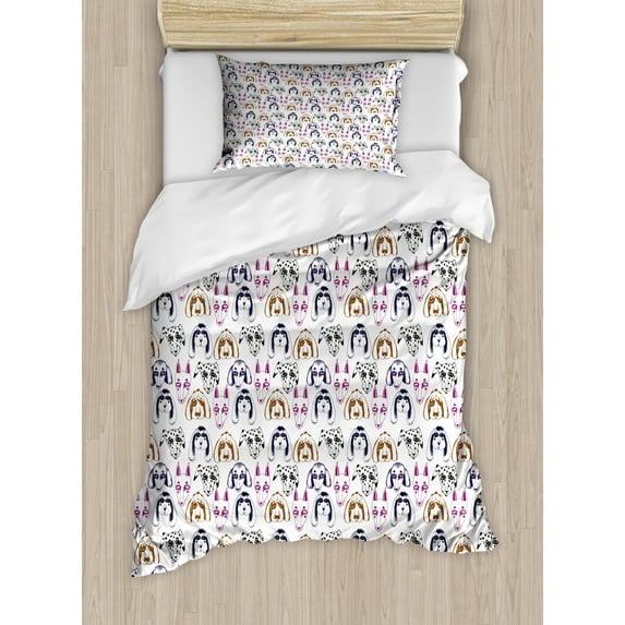 Dog Lover Duvet Cover Set Twin Size, Continuous Pattern of Hand Drawn Like Dog Faces with Large Eyes Art, Decorative 2 Piece Bedding Set with 1 Pillow Sham, White and Multicolor, by Ambesonne