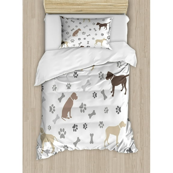 Dog Lover Duvet Cover Set Twin Size, Paw Print Bones and Dog Silhouettes American Foxhound Breed Playful Pattern, Decorative 2 Piece Bedding Set with 1 Pillow Sham, Umber Beige Grey, by Ambesonne
